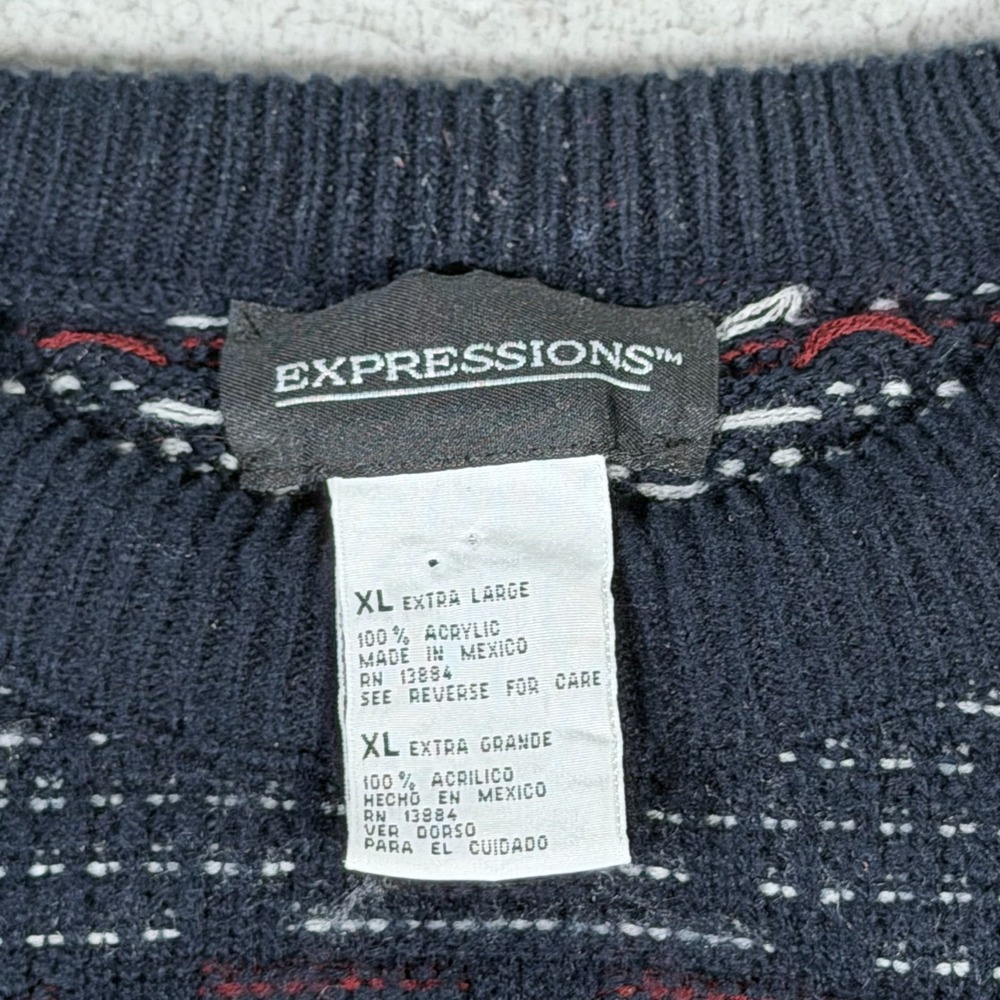 Vtg Expressions Sweater Mens XL Blue Geometric Texture Crewneck Pullover Grandpa - Picture 2 of 6